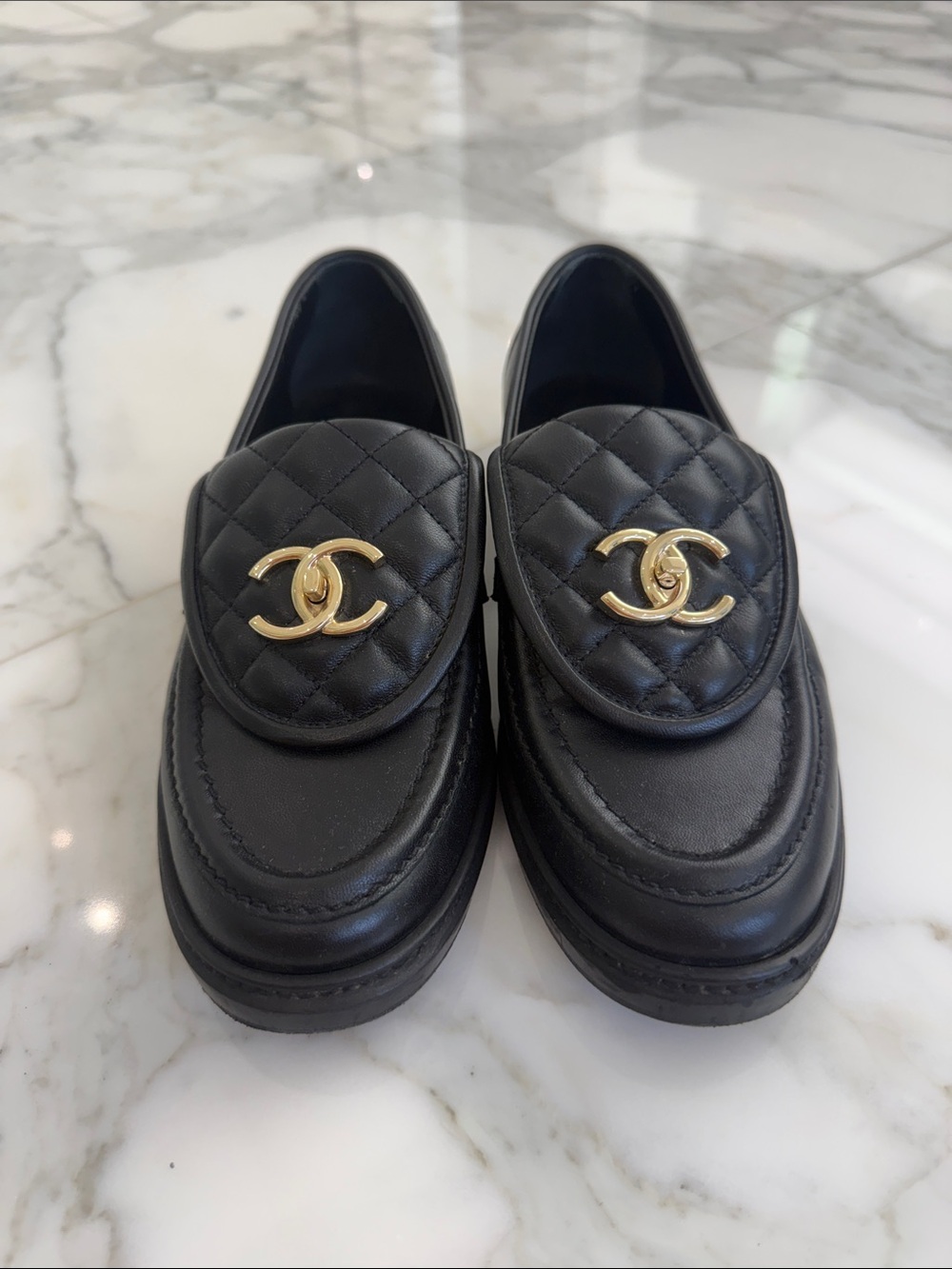 CHANEL Black Quilted Leather Loafers with Gold CC Hardware